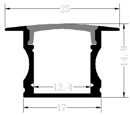 Perfil de Aluminio p/Cinta LED con PCB de 5-12mm, PC-E1714, Medidas: 17x14.9x2500mm, p/Empotrar, incluye: difusor opal con nivel de transparencia de un 65%, 2 tapas terminales y 4 clips, Plateado