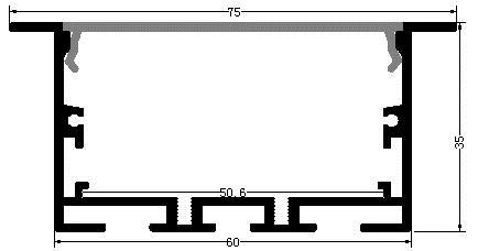 Perfil de Aluminio p/Cinta LED con PCB de 50mm, PC-E6035, Medidas: 60x35x2400mm, p/Empotrar, incluye: difusor opal con nivel de transparencia de un 65%, 2 tapas terminales, 4 clips y 4 tornillos, Plateado