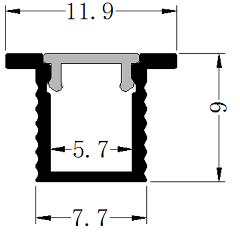 Perfil de Aluminio p/Cinta LED con PCB de 5mm, PC-E0809, Medidas: 7.7x09x2500mm, p/Empotrar, incluye: difusor opal con nivel de transparencia de un 65%, 2 tapas terminales, 4 tornillos y 4 Clips, Plateado