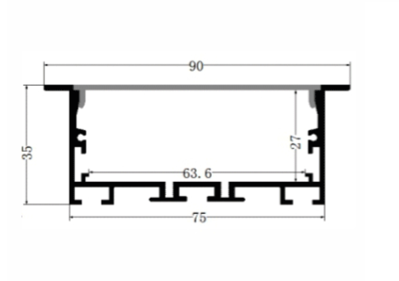 Perfil de Aluminio p/Cinta LED con PCB de 63mm, PC-E7535, Medidas: 75x35x2400mm, p/Empotrar, incluye: difusor opal con nivel de transparencia de un 65%, 2 tapas terminales, 4 clips y 4 tornillos, Plateado