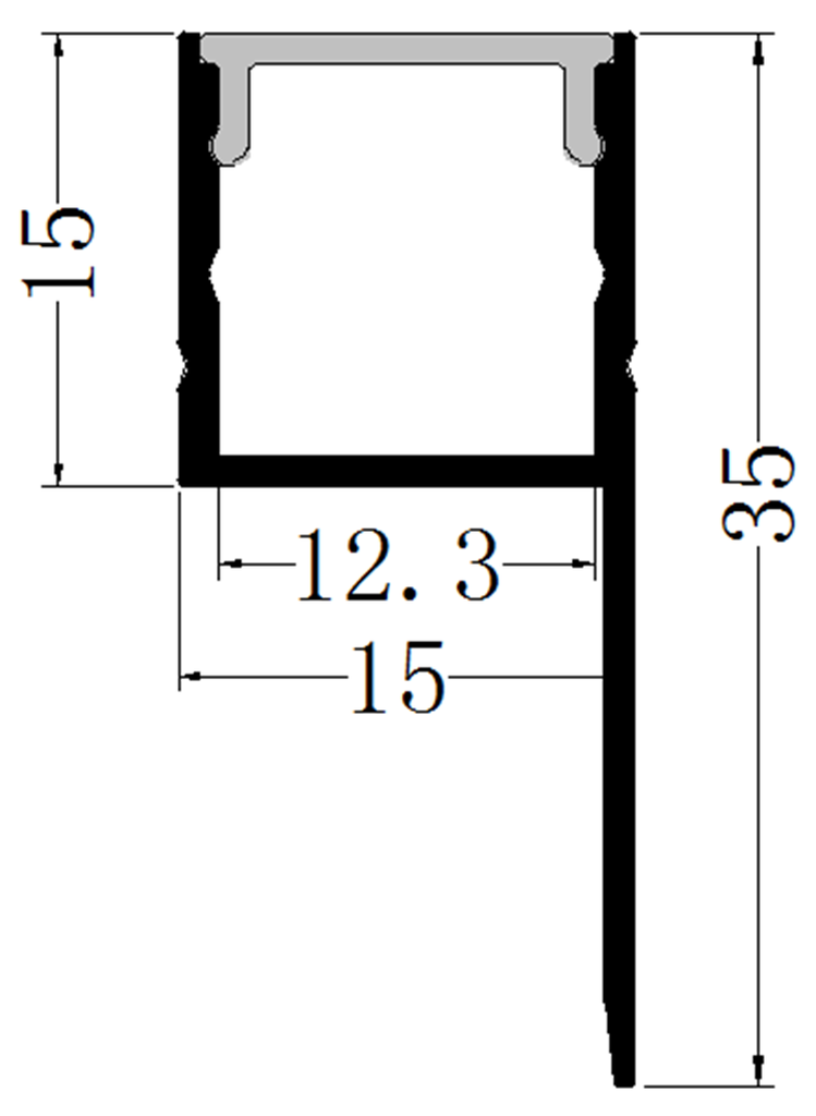 Perfil de Aluminio p/Cinta LED con PCB de 8-10mm, PC-E1515, Medidas: 15x15x2500mm, p/Empotrar, incluye: difusor opal con nivel de transparencia de un 65%, 2 tapas terminales, Plateado