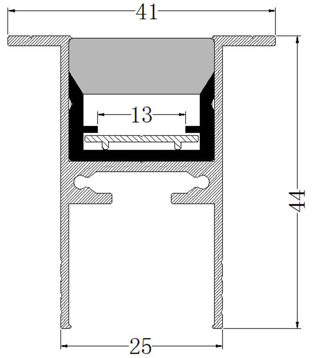 Perfil de Aluminio p/Cinta LED con PCB de 8-10mm, PC-E2544, Medidas: 25x44x2500mm, p/Empotrar, incluye: Tubo acrilico, hoja de aluminio y 2 tapas terminales, Plateado