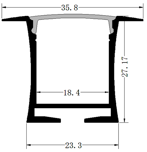 Perfil de Aluminio p/Cinta LED con PCB de 8-15mm, PC-E2328, Medidas: 23.3x27.17x2500mm, p/Empotrar, incluye: difusor opal con nivel de transparencia de un 65%, 2 tapas terminales y 4 clips, Plateado