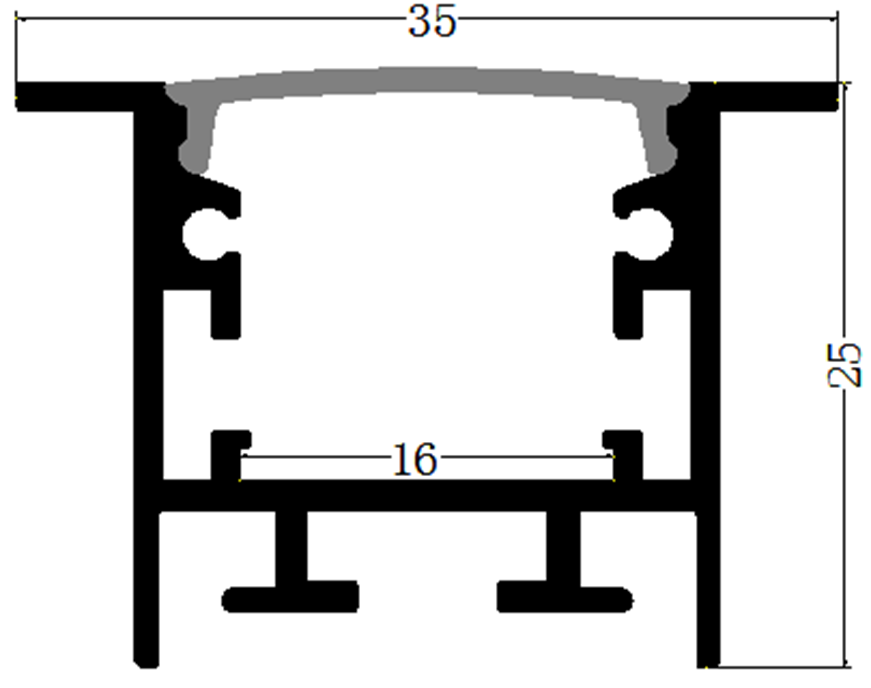 Perfil de Aluminio p/Cinta LED con PCB de 8-15mm, PC-E2525, Medidas: 25x25x2500mm, p/Empotrar, incluye: difusor opal con nivel de transparencia de un 65%, 2 tapas terminales y 4 clips, Plateado