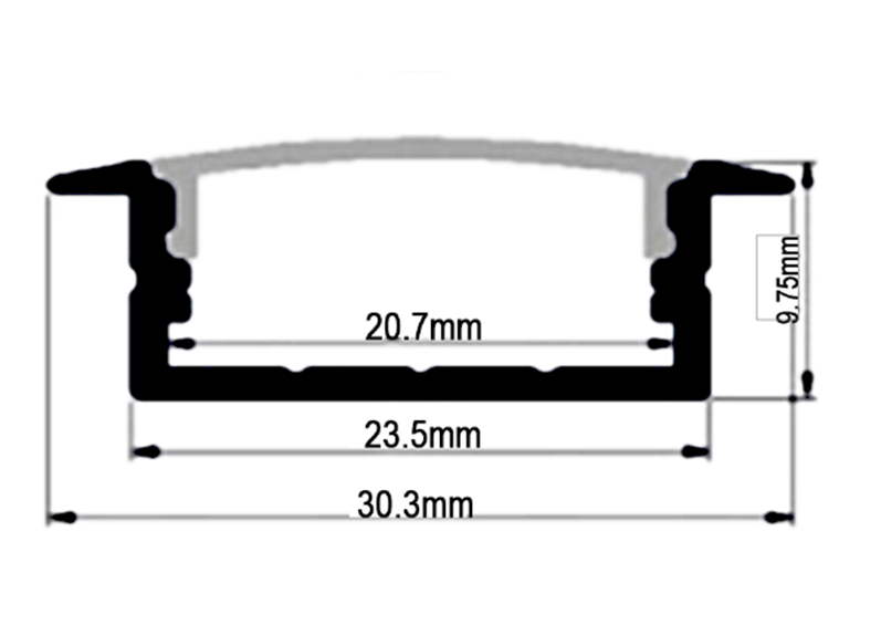 Perfil de Aluminio p/Cinta LED con PCB de 8-20mm, PC-E2310, Medidas: 23.5x9.75x2500mm, p/Empotrar, incluye: difusor opal con nivel de transparencia de un 65%, 2 tapas terminales y 4 clips, Plateado