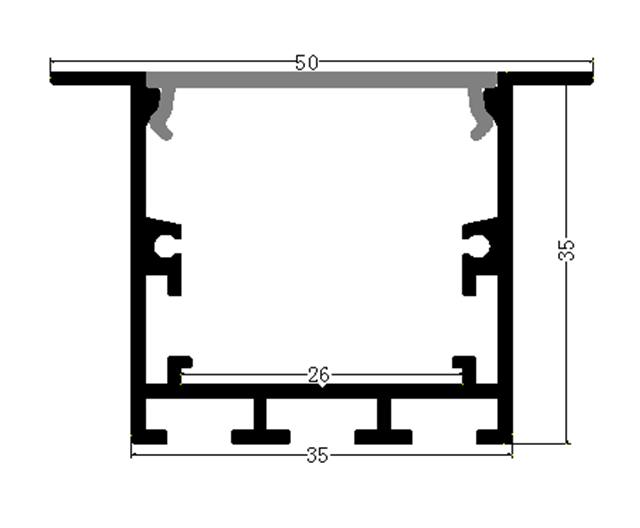 Perfil de Aluminio p/Cinta LED con PCB de 8-20mm, PC-E3535, Medidas: 35x35x2500mm, p/Empotrar, incluye: difusor opal con nivel de transparencia de un 65%, 2 tapas terminales y 4 clips, Plateado