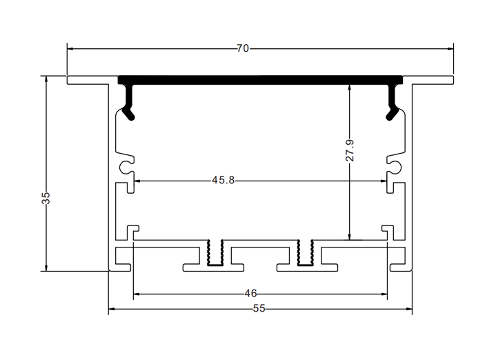 Perfil de Aluminio p/Cinta LED con PCB de 8-40mm, PC-E5535, Medidas: 55x35x2500mm, p/Empotrar, incluye: difusor opal con nivel de transparencia de un 65%, 2 tapas terminales, 4 tornillos y 4 Clips, Plateado