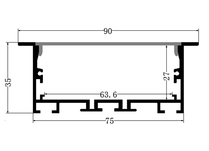 Perfil de Aluminio p/Cinta LED con PCB de 8-60mm, PC-E7535, Medidas: 75x35x2500mm, p/Empotrar, incluye: difusor opal con nivel de transparencia de un 65%, 2 tapas terminales, 4 clips y 4 tornillos, Plateado
