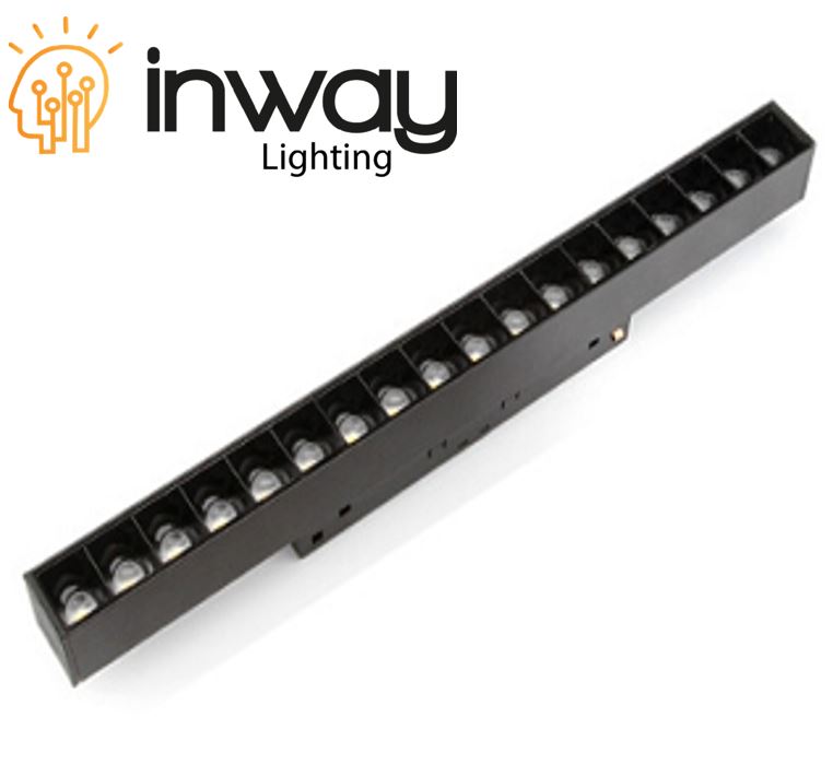 Lampara Lineal Magnetica LED p/Riel de 20mm de ancho con Rejilla, 6W, 4.41&quot;(112mm), NW 4000K, 48Vdc, Instalacion: Empotrar o Superficie, 30 Grados, Negra