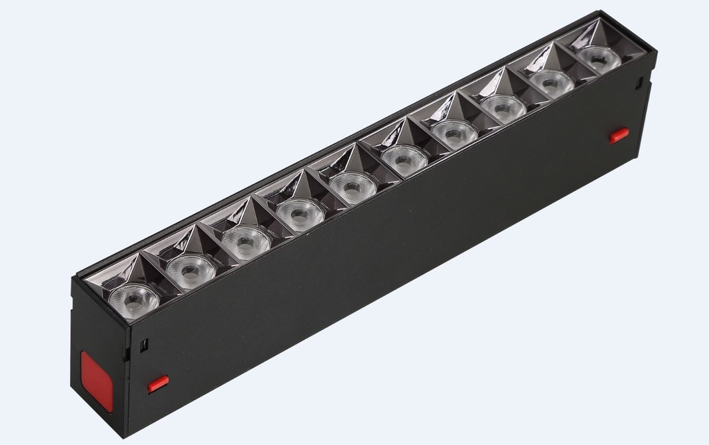 Lampara Lineal Magnetica LED p/Riel de 40mm de ancho con Rejilla, 16W, 10.63&quot;(270mm), NW 4000K, 100-260Vac, Dimmable, Instalacion: Empotrar o Superficie, 38 Grados, Negra