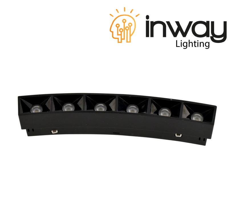 Lampara Lineal Magnetica LED tipo Arco p/Riel de 20mm de ancho con rejilla, 12W, 14.17&quot;(360mm), NW 4000K, 48Vdc, Instalacion: Empotrar o Superficie, 200 Grados, Negra