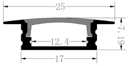 [P-00302] Perfil de Aluminio p/Cinta LED con PCB de 12mm, PC-E1706, Medidas: 17x7.19x2000mm, p/Empotrar, incluye: difusor opal con nivel de transparencia de un 65%, 2 tapas terminales y 4 clips, Plateado