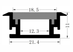 [P-00303] Perfil de Aluminio p/Cinta LED con PCB de 12mm, PC-E2111, Medidas: 21.4x11x2000mm, p/Empotrar, incluye: difusor opal con nivel de transparencia de un 65%, 2 tapas terminales, Plateado