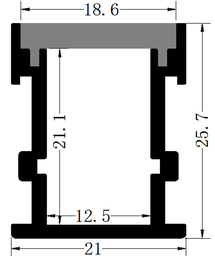 [P-00304] Perfil de Aluminio p/Cinta LED con PCB de 12mm, PC-E2126, Medidas: 21x25.7x2000mm, p/Empotrar, incluye: difusor opal con nivel de transparencia de un 65%, 2 tapas terminales, Plateado