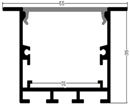 [P-00312] Perfil de Aluminio p/Cinta LED con PCB de 31mm, PC-E4035, Medidas: 40x35x2400mm, p/Empotrar, incluye: difusor opal con nivel de transparencia de un 65%, 2 tapas terminales, 4 tornillos y 4 Clips, Plateado