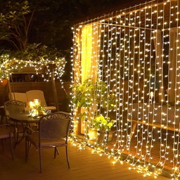 [P-00704] Cortina tipo Cascada LED p/Exterior, 108W, 2700K + CW 6000K Flash, 110Vac, 1800pcs de LED, 20 tiras, 2Mx9M, Con cable blanco, Con conector T, IP55